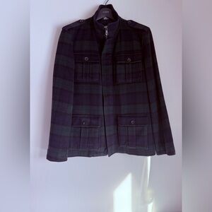 Lord & Taylor Black Brown 1826 Green and Navy Plaid Pea Coat Size Medium
